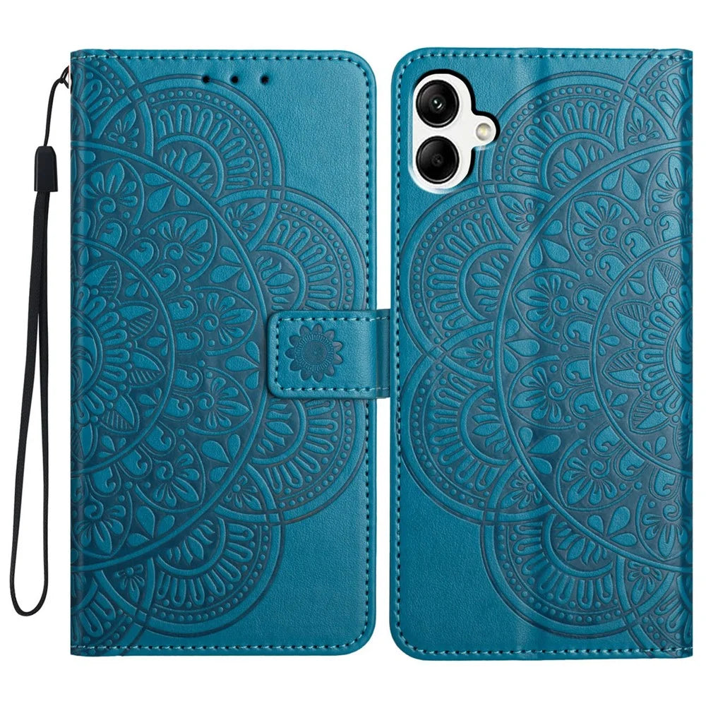 For Samsung Galaxy A06 4G Leather Case with Card Slots Mandala Pattern Phone Cover Stand - Blue - 1