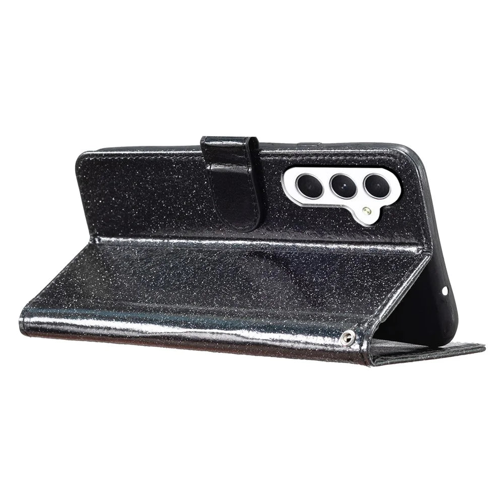For Samsung Galaxy A16 5G / A16 4G Wallet Case Glitter Anti-Scratch Leather Phone Cover Stand - Black - 4
