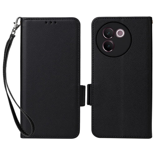 For OnePlus Nord 4 Case with Wrist Strap Litchi Texture PU Leather Wallet Phone Cover - Black - 1