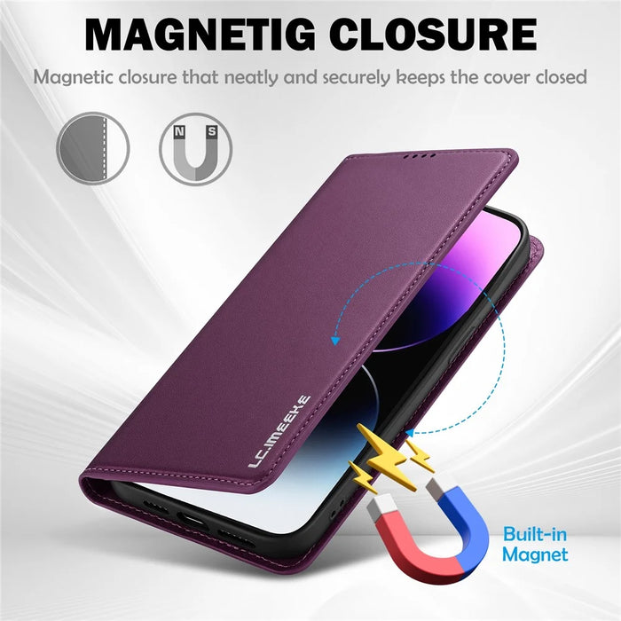 LC.IMEEKE L1 Series for iPhone 16 Plus Case PU Leather Wallet Stand Protective Phone Cover - Purple - 4