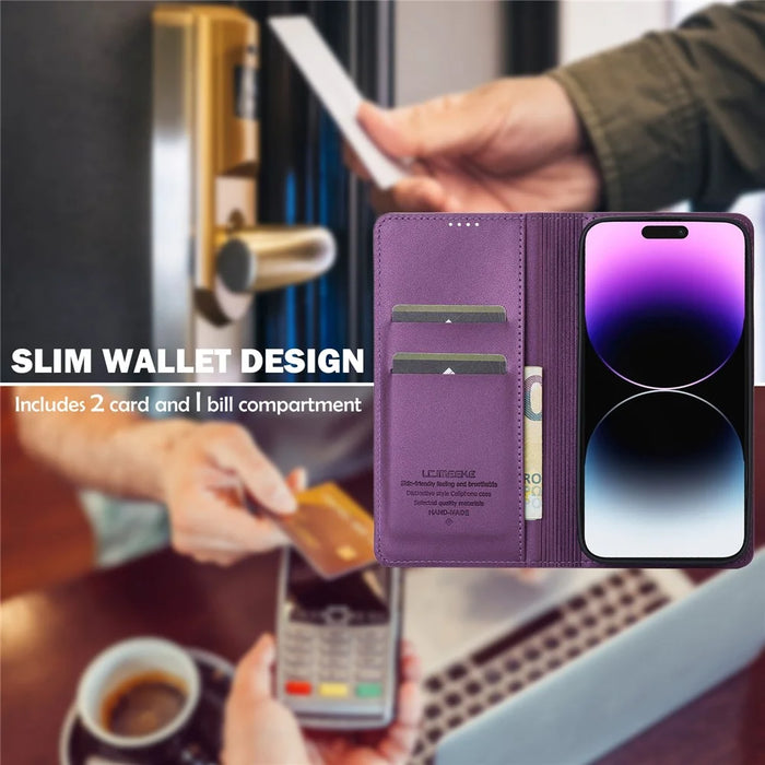 LC.IMEEKE L1 Series for iPhone 16 Plus Case PU Leather Wallet Stand Protective Phone Cover - Purple - 5