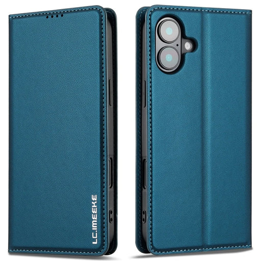 LC.IMEEKE L1 Series for iPhone 16 Case PU Leather Wallet Stand Protective Phone Cover - Blue - 1