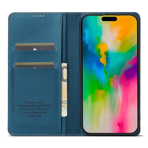 LC.IMEEKE L1 Series for iPhone 16 Case PU Leather Wallet Stand Protective Phone Cover - Blue - 2