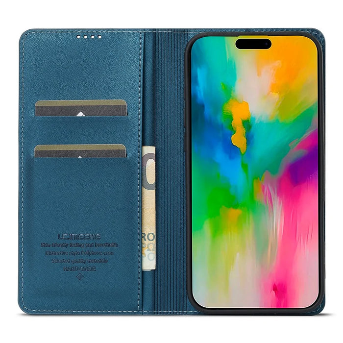 LC.IMEEKE L1 Series for iPhone 16 Case PU Leather Wallet Stand Protective Phone Cover - Blue - 2