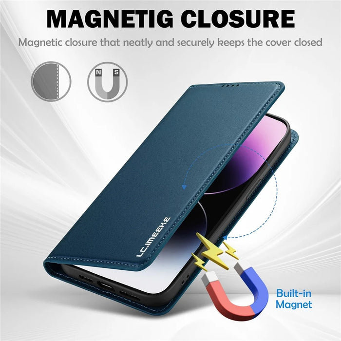 LC.IMEEKE L1 Series for iPhone 16 Case PU Leather Wallet Stand Protective Phone Cover - Blue - 4