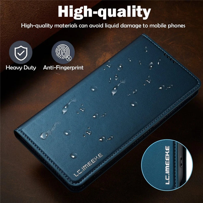 LC.IMEEKE L1 Series for iPhone 16 Case PU Leather Wallet Stand Protective Phone Cover - Blue - 6