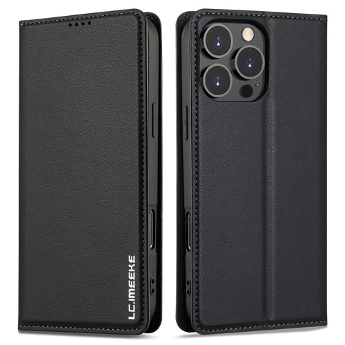 LC.IMEEKE L1 Series for iPhone 16 Pro Case PU Leather Wallet Stand Protective Phone Cover - Black - 1
