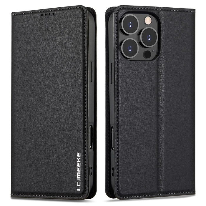 LC.IMEEKE L1 Series for iPhone 16 Pro Case PU Leather Wallet Stand Protective Phone Cover - Black - 1