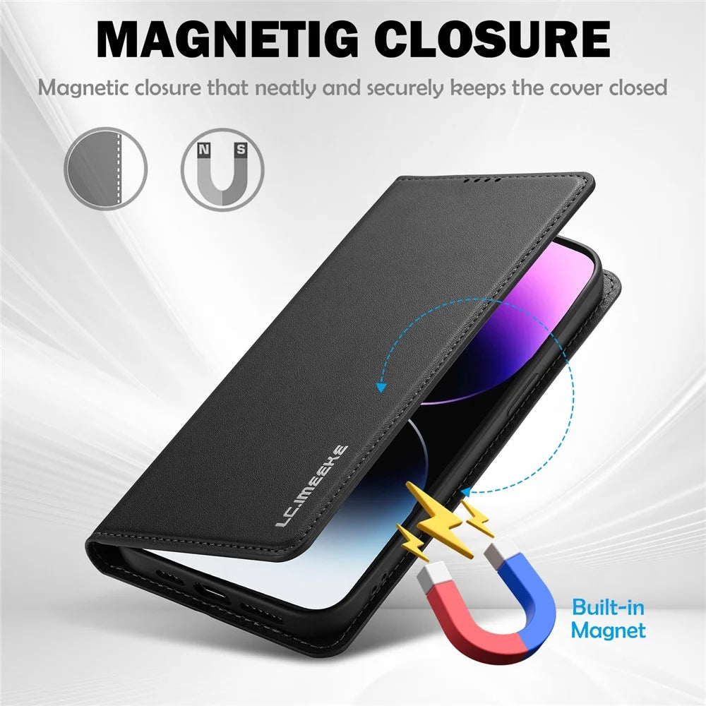 LC.IMEEKE L1 Series for iPhone 16 Pro Case PU Leather Wallet Stand Protective Phone Cover - Black - 4
