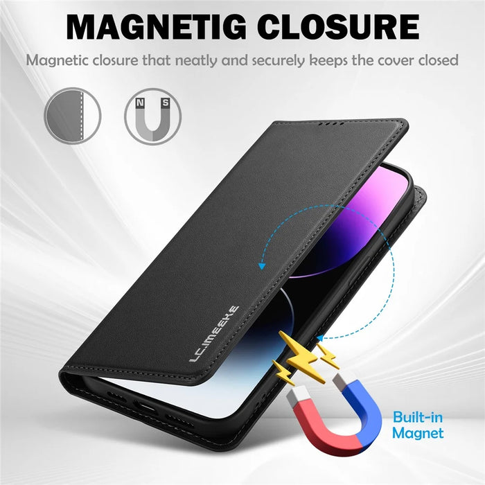 LC.IMEEKE L1 Series for iPhone 16 Pro Case PU Leather Wallet Stand Protective Phone Cover - Black - 4