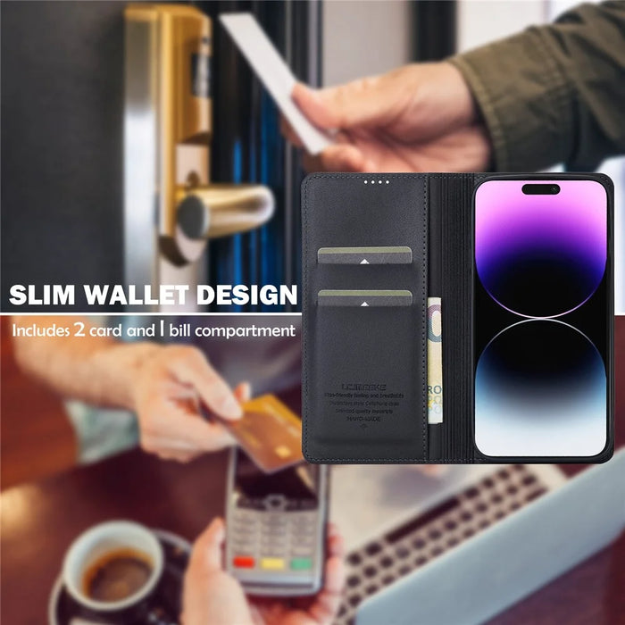 LC.IMEEKE L1 Series for iPhone 16 Pro Case PU Leather Wallet Stand Protective Phone Cover - Black - 5