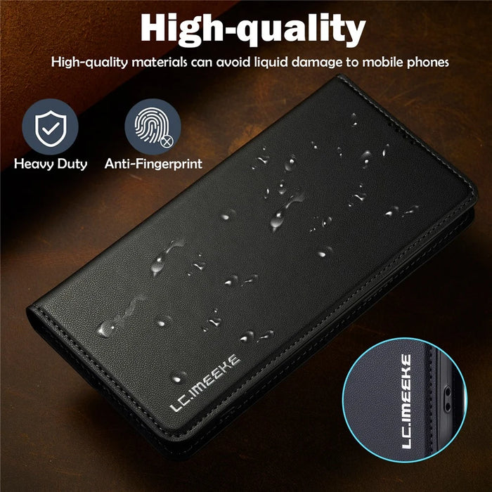 LC.IMEEKE L1 Series for iPhone 16 Pro Case PU Leather Wallet Stand Protective Phone Cover - Black - 6