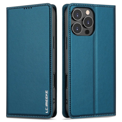LC.IMEEKE L1 Series for iPhone 16 Pro Max Case PU Leather Wallet Stand Protective Phone Cover - Blue - 1