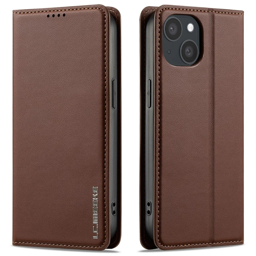 LC.IMEEKE L1 Series for iPhone 15 Plus Case PU Leather Wallet Stand Protective Phone Cover - Brown - 1