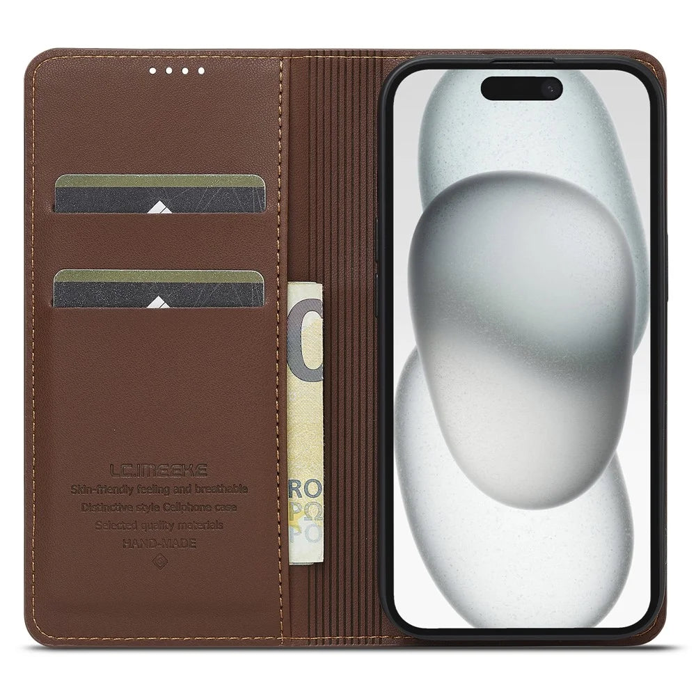 LC.IMEEKE L1 Series for iPhone 15 Plus Case PU Leather Wallet Stand Protective Phone Cover - Brown - 2