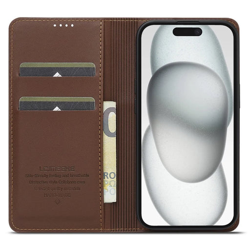 LC.IMEEKE L1 Series for iPhone 15 Plus Case PU Leather Wallet Stand Protective Phone Cover - Brown - 2