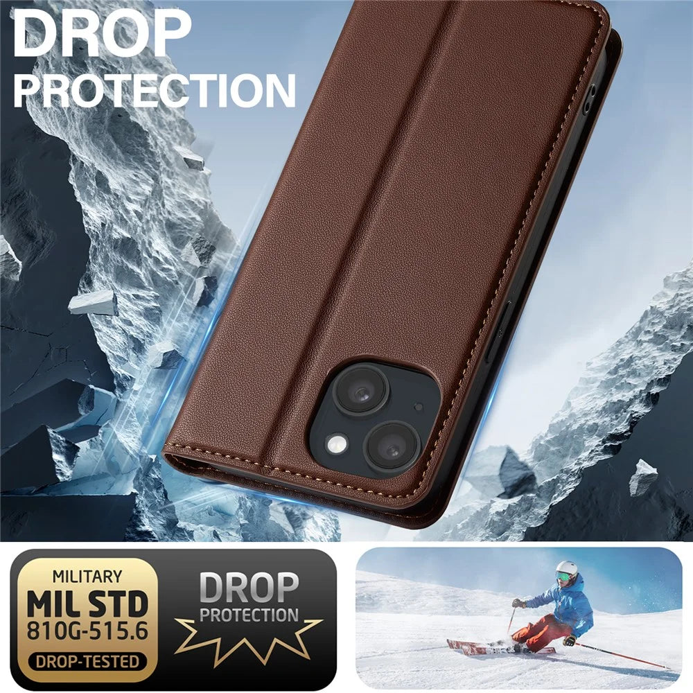 LC.IMEEKE L1 Series for iPhone 15 Plus Case PU Leather Wallet Stand Protective Phone Cover - Brown - 4