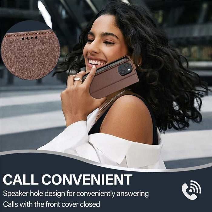 LC.IMEEKE L1 Series for iPhone 15 Plus Case PU Leather Wallet Stand Protective Phone Cover - Brown - 5