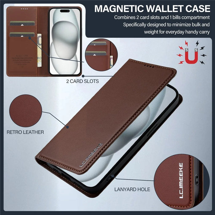 LC.IMEEKE L1 Series for iPhone 15 Plus Case PU Leather Wallet Stand Protective Phone Cover - Brown - 6