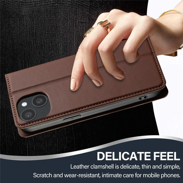 LC.IMEEKE L1 Series for iPhone 15 Plus Case PU Leather Wallet Stand Protective Phone Cover - Brown - 7