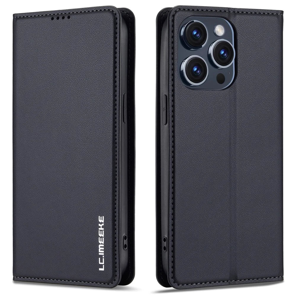 LC.IMEEKE L1 Series for iPhone 15 Pro Case PU Leather Wallet Stand Protective Phone Cover - Black - 1