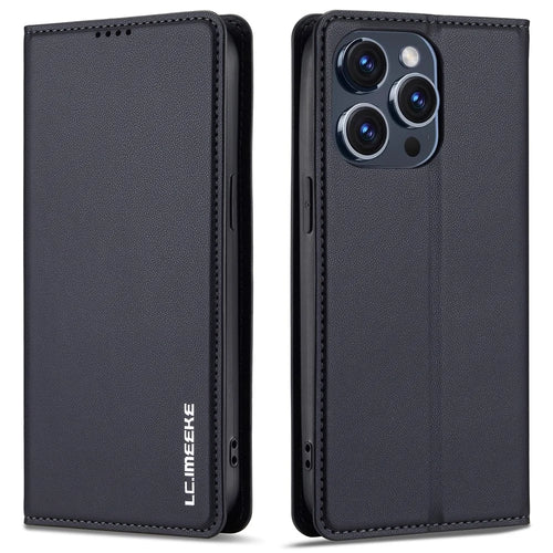 LC.IMEEKE L1 Series for iPhone 15 Pro Case PU Leather Wallet Stand Protective Phone Cover - Black - 1