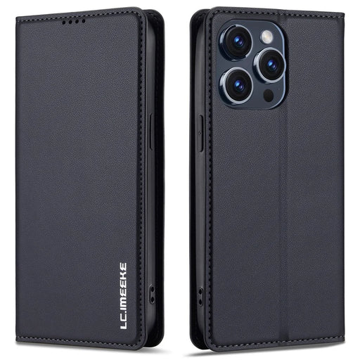 LC.IMEEKE L1 Series for iPhone 15 Pro Case PU Leather Wallet Stand Protective Phone Cover - Black - 1