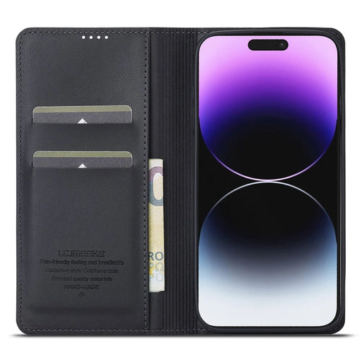LC.IMEEKE L1 Series for iPhone 15 Pro Case PU Leather Wallet Stand Protective Phone Cover - Black - 2