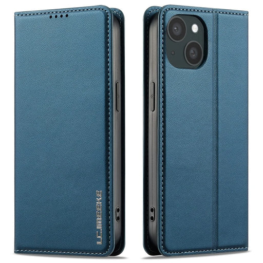 LC.IMEEKE L1 Series for iPhone 15 Case PU Leather Wallet Stand Protective Phone Cover - Blue - 1