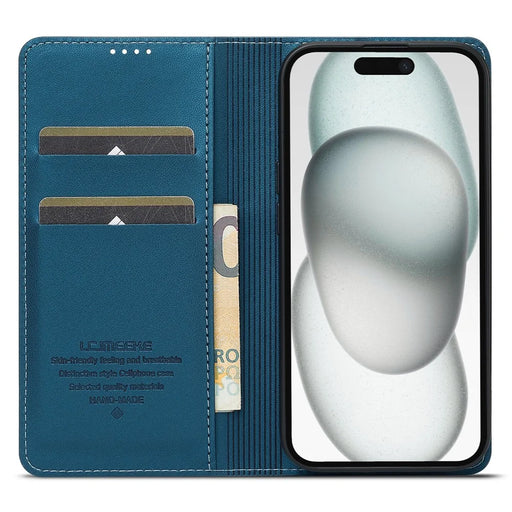 LC.IMEEKE L1 Series for iPhone 15 Case PU Leather Wallet Stand Protective Phone Cover - Blue - 2