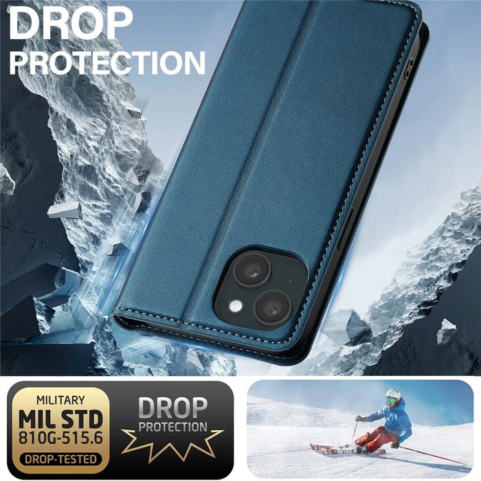 LC.IMEEKE L1 Series for iPhone 15 Case PU Leather Wallet Stand Protective Phone Cover - Blue - 4