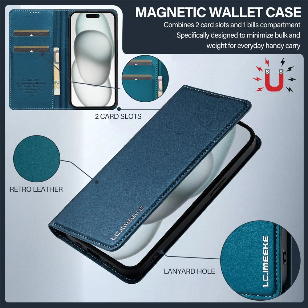 LC.IMEEKE L1 Series for iPhone 15 Case PU Leather Wallet Stand Protective Phone Cover - Blue - 6