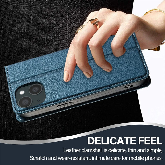 LC.IMEEKE L1 Series for iPhone 15 Case PU Leather Wallet Stand Protective Phone Cover - Blue - 7