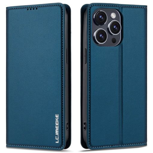 LC.IMEEKE L1 Series for iPhone 15 Pro Max Case PU Leather Wallet Stand Protective Phone Cover - Blue - 1