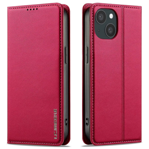 LC.IMEEKE L1 Series for iPhone 14 / 13 Case PU Leather Wallet Stand Protective Phone Cover - Red - 1