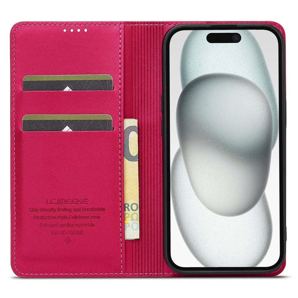 LC.IMEEKE L1 Series for iPhone 14 / 13 Case PU Leather Wallet Stand Protective Phone Cover - Red - 2