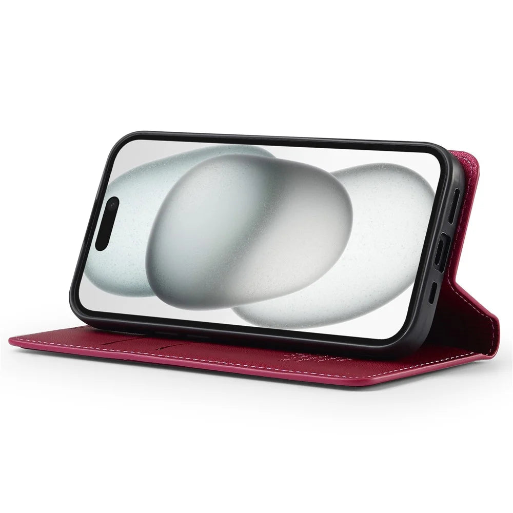 LC.IMEEKE L1 Series for iPhone 14 / 13 Case PU Leather Wallet Stand Protective Phone Cover - Red - 3