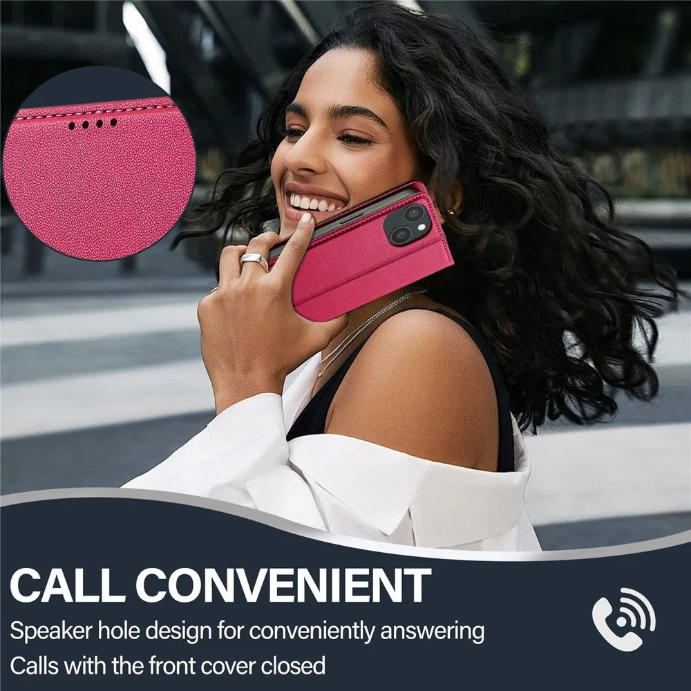 LC.IMEEKE L1 Series for iPhone 14 / 13 Case PU Leather Wallet Stand Protective Phone Cover - Red - 5