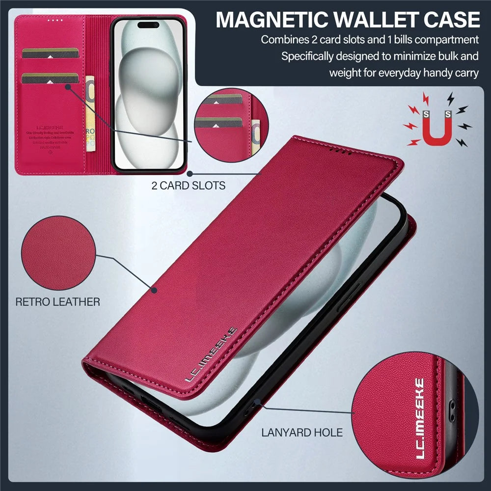 LC.IMEEKE L1 Series for iPhone 14 / 13 Case PU Leather Wallet Stand Protective Phone Cover - Red - 6