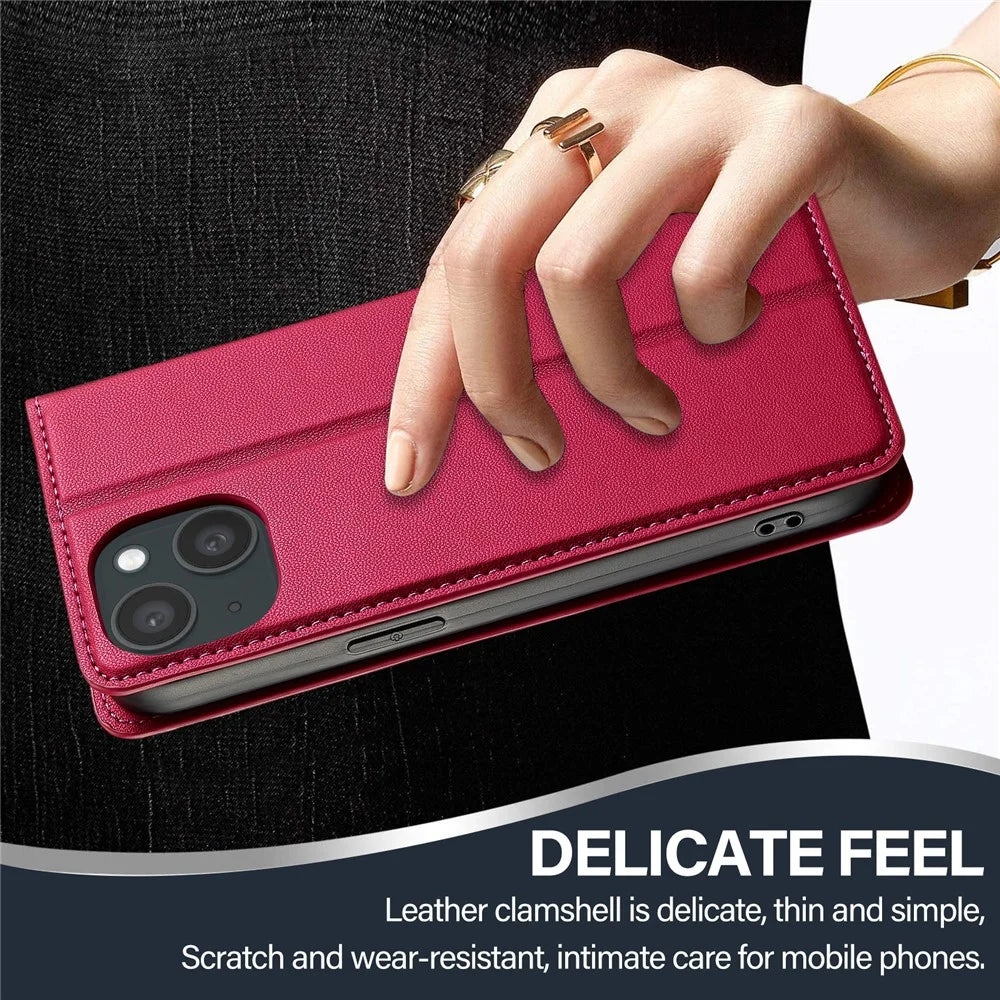 LC.IMEEKE L1 Series for iPhone 14 / 13 Case PU Leather Wallet Stand Protective Phone Cover - Red - 7