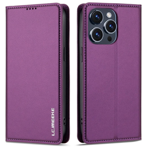 LC.IMEEKE L1 Series for iPhone 14 Pro Case PU Leather Wallet Stand Protective Phone Cover - Purple - 1