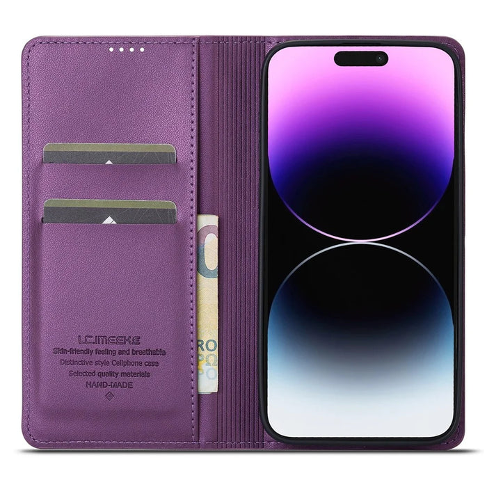 LC.IMEEKE L1 Series for iPhone 14 Pro Case PU Leather Wallet Stand Protective Phone Cover - Purple - 2