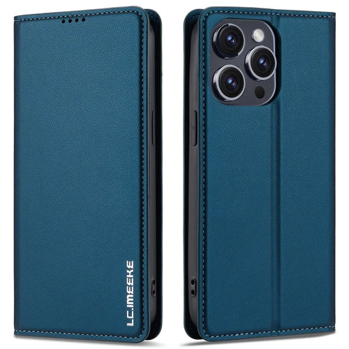 LC.IMEEKE L1 Series for iPhone 14 Pro Max Case PU Leather Wallet Stand Protective Phone Cover - Blue - 1