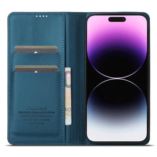 LC.IMEEKE L1 Series for iPhone 14 Pro Max Case PU Leather Wallet Stand Protective Phone Cover - Blue - 2