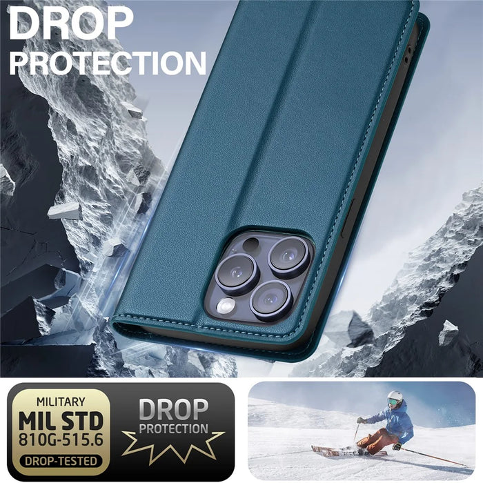 LC.IMEEKE L1 Series for iPhone 14 Pro Max Case PU Leather Wallet Stand Protective Phone Cover - Blue - 6