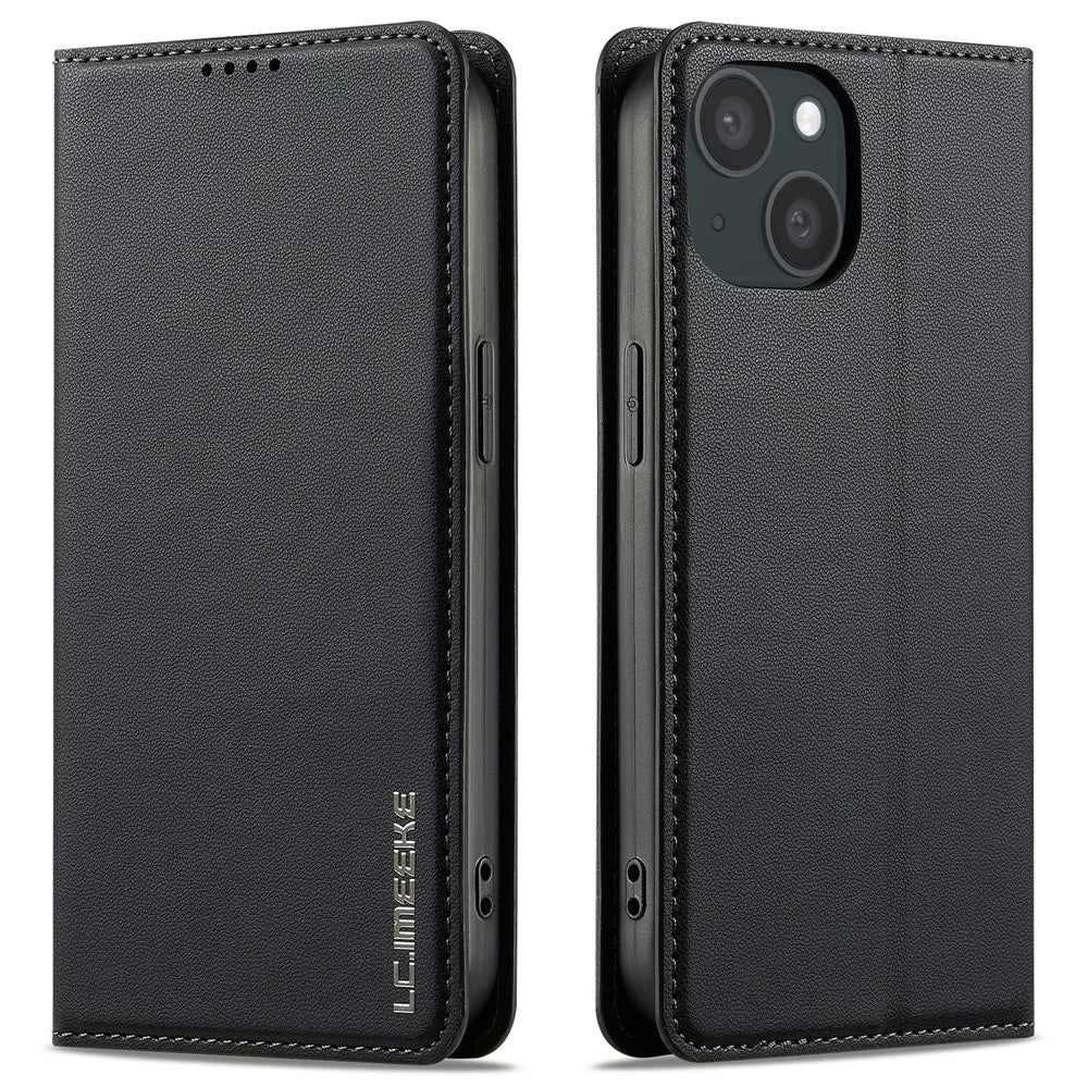 LC.IMEEKE L1 Series for iPhone 14 Plus Case PU Leather Wallet Stand Protective Phone Cover - Black - 1