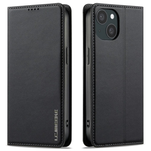 LC.IMEEKE L1 Series for iPhone 14 Plus Case PU Leather Wallet Stand Protective Phone Cover - Black - 1