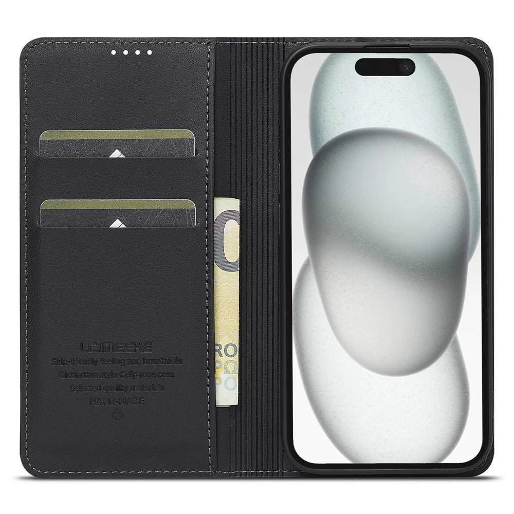 LC.IMEEKE L1 Series for iPhone 14 Plus Case PU Leather Wallet Stand Protective Phone Cover - Black - 2