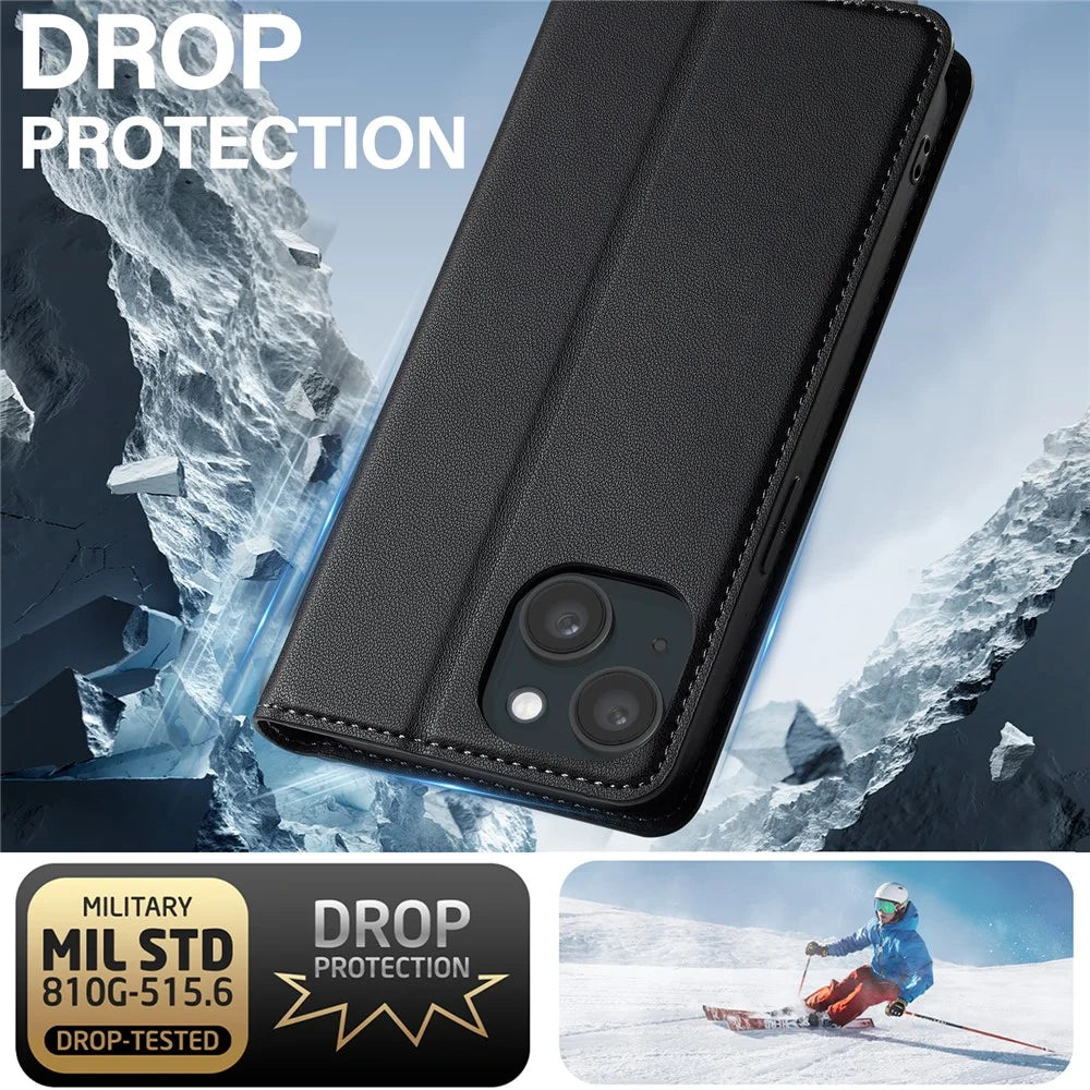 LC.IMEEKE L1 Series for iPhone 14 Plus Case PU Leather Wallet Stand Protective Phone Cover - Black - 4