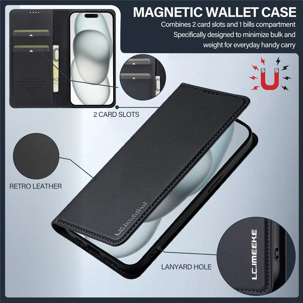 LC.IMEEKE L1 Series for iPhone 14 Plus Case PU Leather Wallet Stand Protective Phone Cover - Black - 6